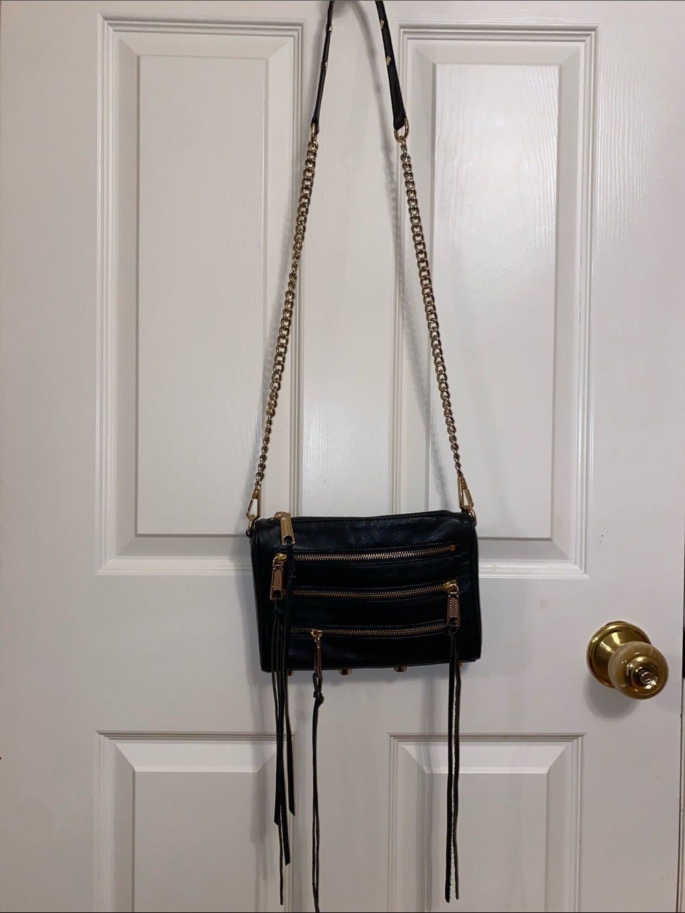 Rebecca Minkoff Black Leather Crossbody with Gold Chain